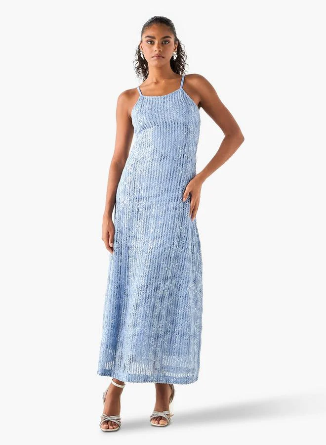 ايكونيك فستان كروشيه مزين بالترتر بحمالات رفيعة